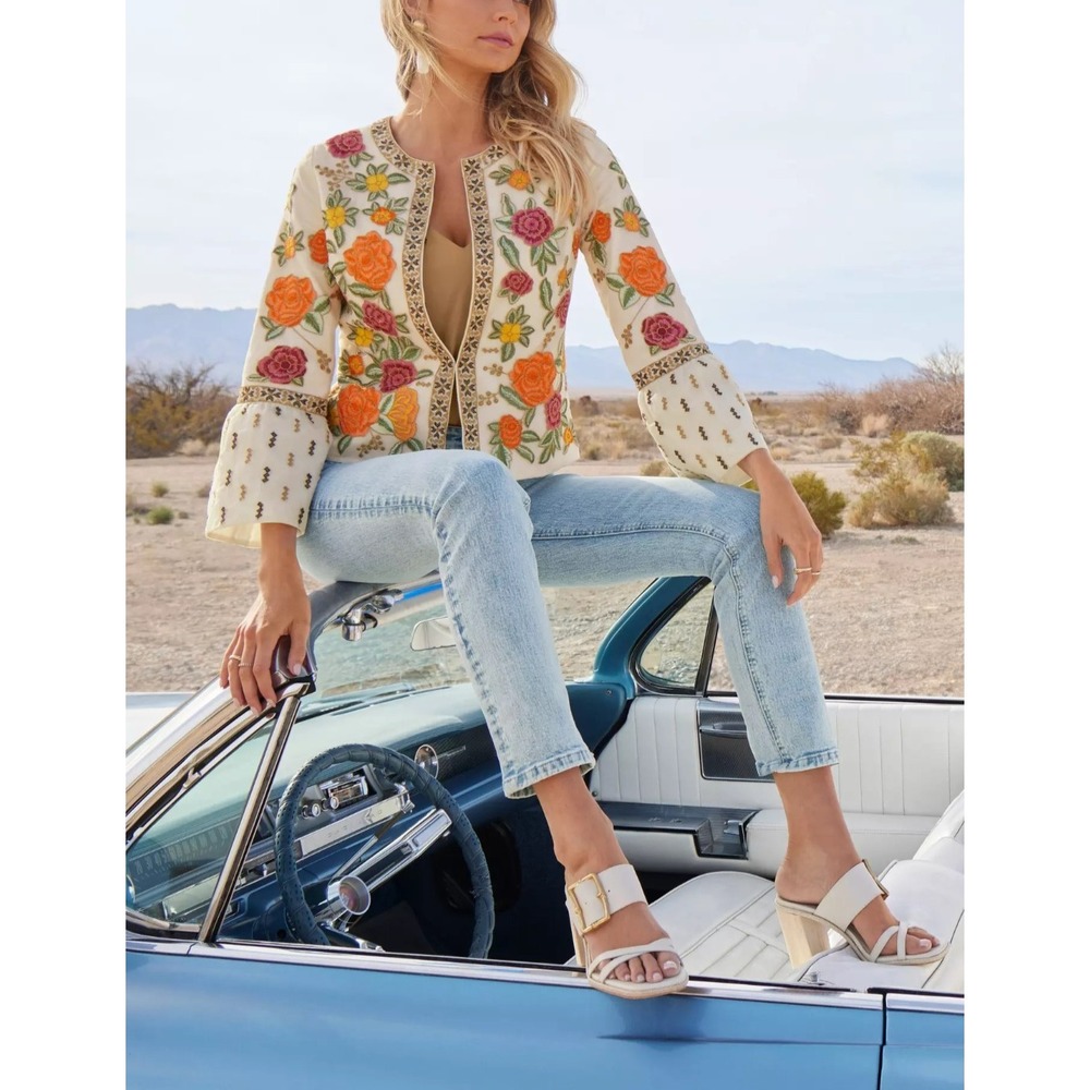 Boston Proper Jacket‎ Womens S Floral Embroidered Metallic Trim Bell Sleeve Boho